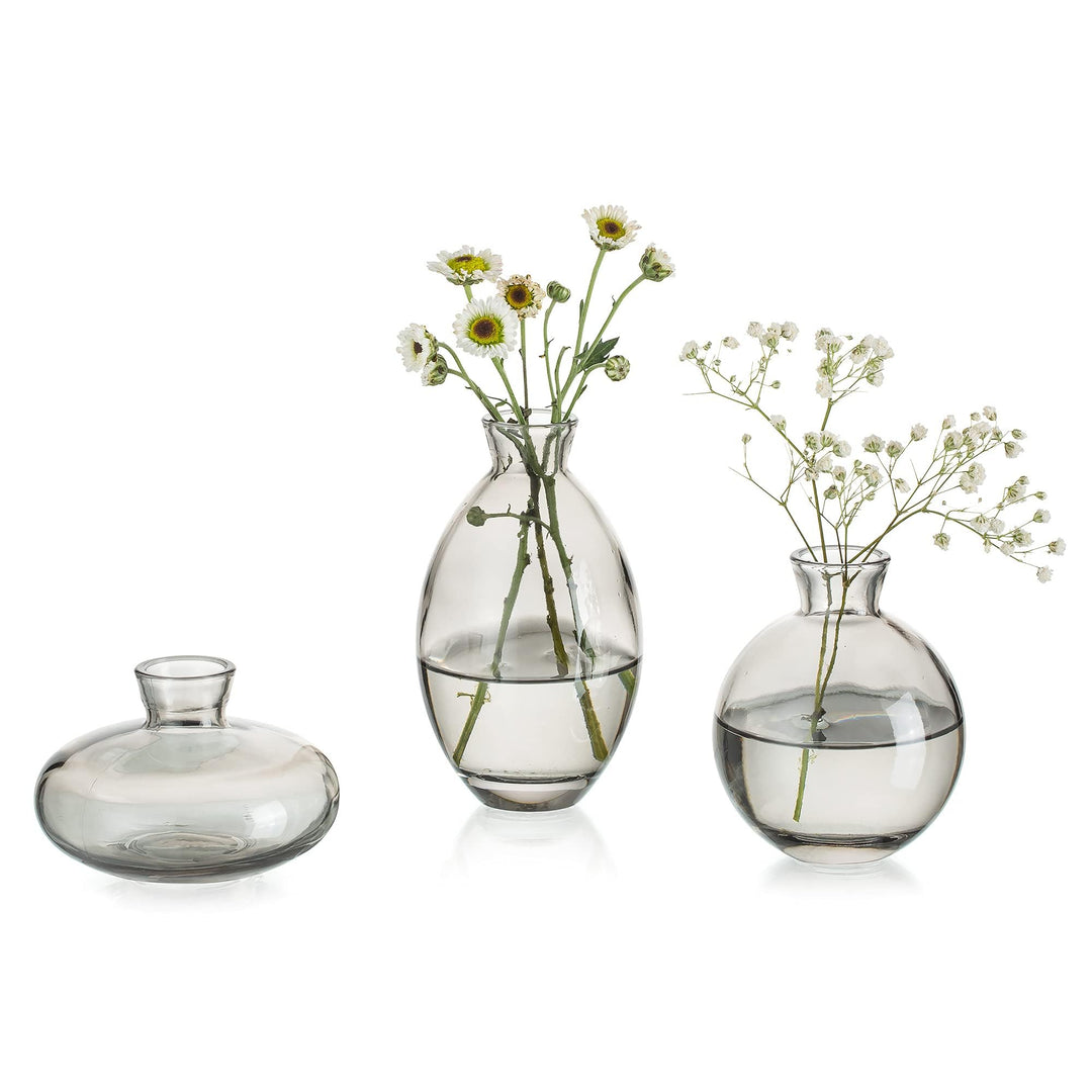 Kleine Vasen Für Tischdeko Vintage Handmade, 3 Teilig Mini Vase Glas Grau Blumenvase Modern Set Vers