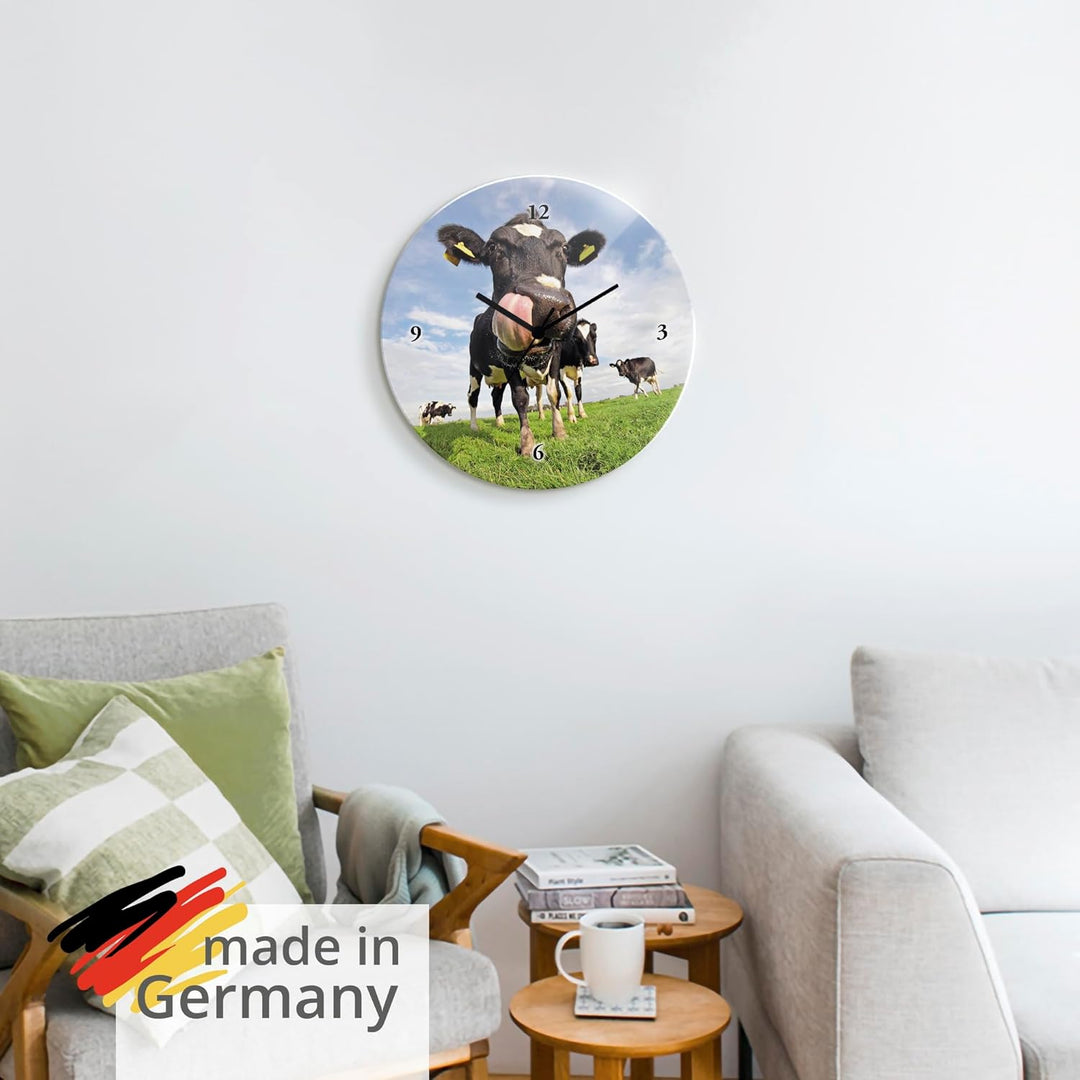ARTLAND Wanduhr ohne Tickgeräusche Glas Funkuhr Ø 30 cm Rund Lautlos Tiere Kuh Lustig Ländlich Hipst