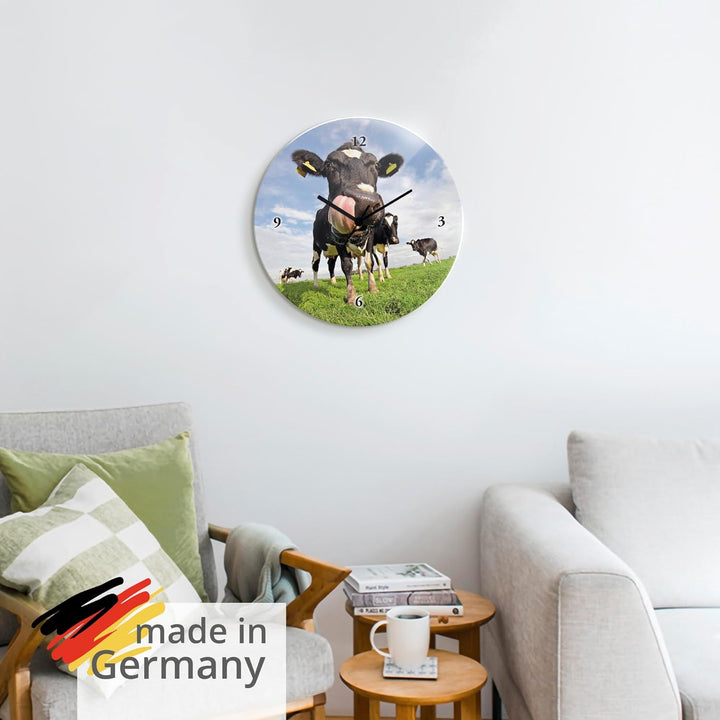 ARTLAND Wanduhr ohne Tickgeräusche Glas Funkuhr Ø 30 cm Rund Lautlos Tiere Kuh Lustig Ländlich Hipst