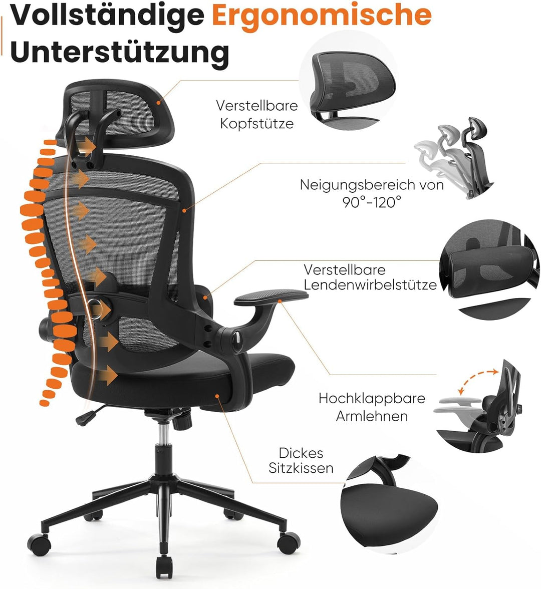 Sweetcrispy Ergonomischer Bürostuhl, Schreibtischstuhl Ergonomisch, Atmungsaktiver Netzstuhl mit Ver