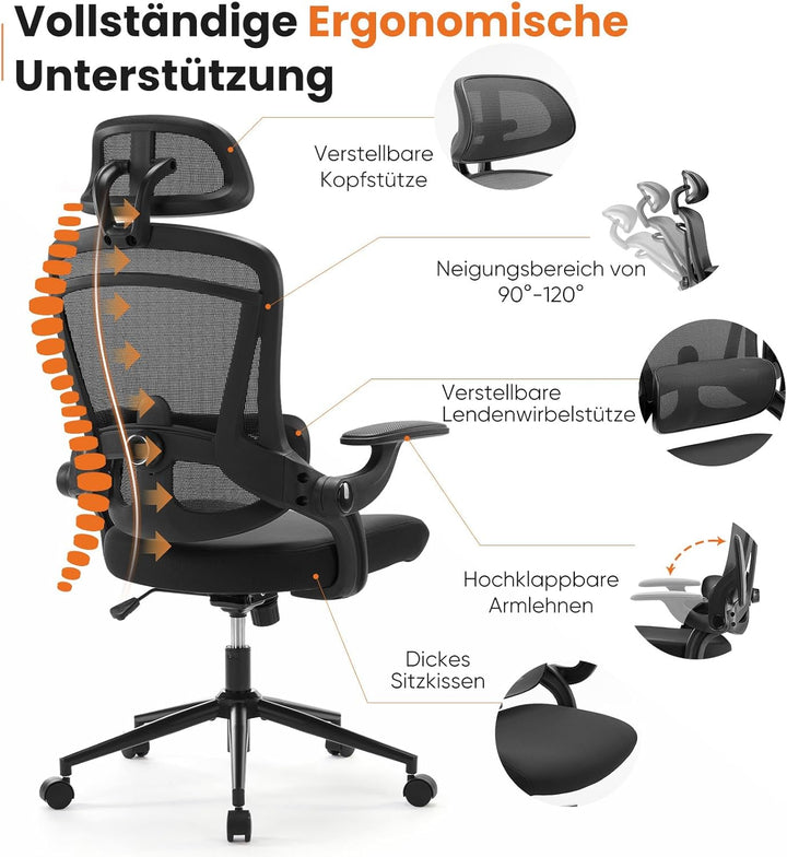 Sweetcrispy Ergonomischer Bürostuhl, Schreibtischstuhl Ergonomisch, Atmungsaktiver Netzstuhl mit Ver