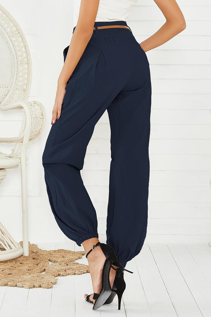 Cindeyar Damen Haremshose Elegant Pumphose Lange Leinen Hose mit Gürtel Aladin Pants S Dunkelblau, S