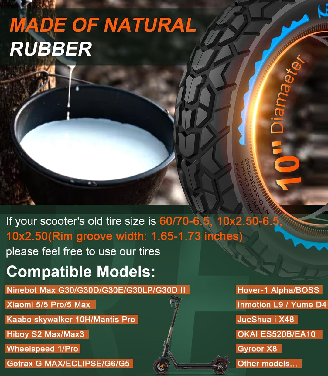 BANGTING 2PCS 60/70-6.5 E Scooter Reifen Tubeless - 10x2.50-6.5 Pannensichere Vollgummireifen, 10x2.