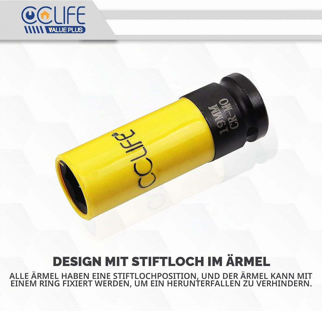 CCLIFE 3tlg 1/2" Schlagschrauber Nüsse 85mm Schoneinsätze 17 19 21mm Cr-Mo Schonnüsse für Alufelgen