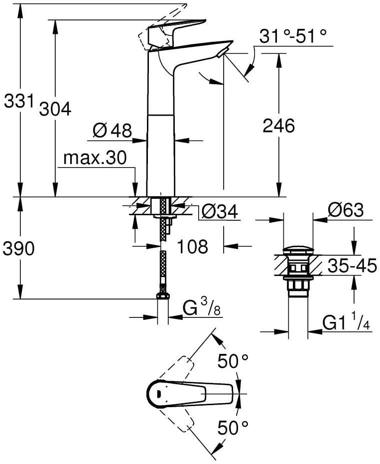 GROHE Start Edge - Einhand-Waschtischarmatur (wassersparend, XL- Size, flexible Anschlussschläuche),
