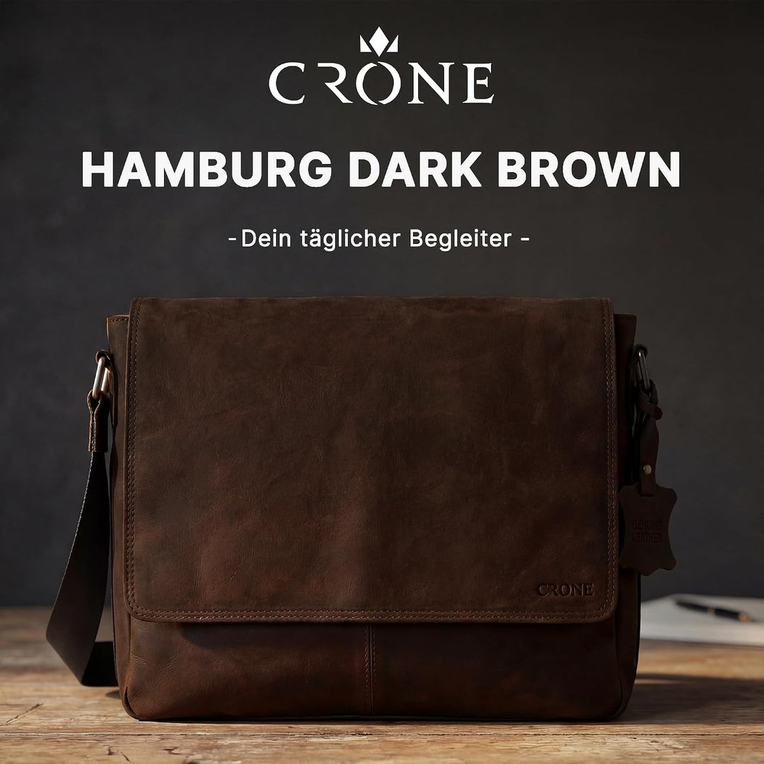 Crone Hamburg Leder Laptoptasche, Business Tasche aus Echtleder, Aktentasche, Arbeitstasche, Umhänge