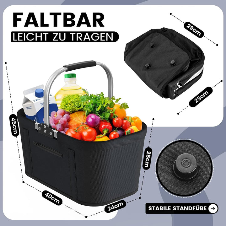 30L Faltbarer Einkaufskorb mit 4 Stützstangen | Stabiler Tragekorb & Picknickkorb | Grosser Faltkorb
