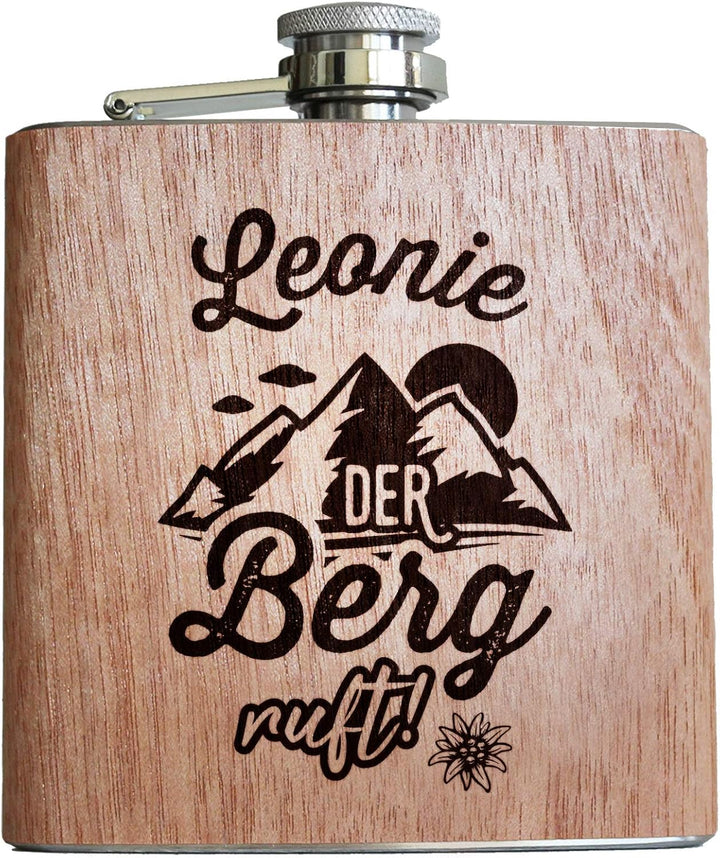 Der Berg ruft Holz Flachmann mit Gravur personalisiert mit Name Geschenk Männer Wandern Bergsteiger