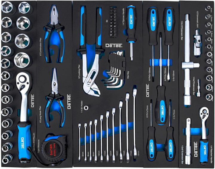 DeTec. Werkzeugkiste blue Edition | klassischer Metall-Werkzeugkasten gefüllt mit Werkzeug - 86tlg.