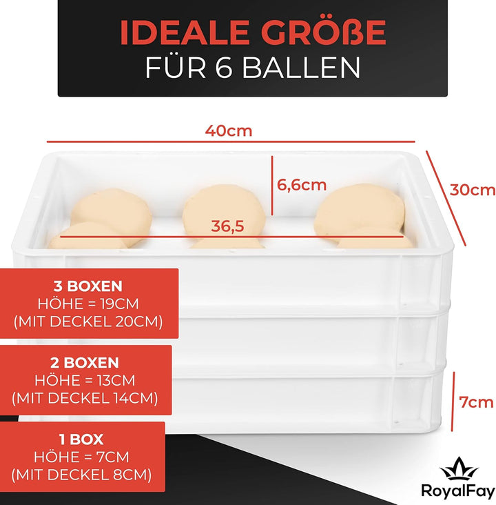 RoyalFay® Pizzaballenbox weiss 30 x 40 x 8 cm (1 Box mit 1 Deckel) für Pizzateig Sauerteig Brotteig