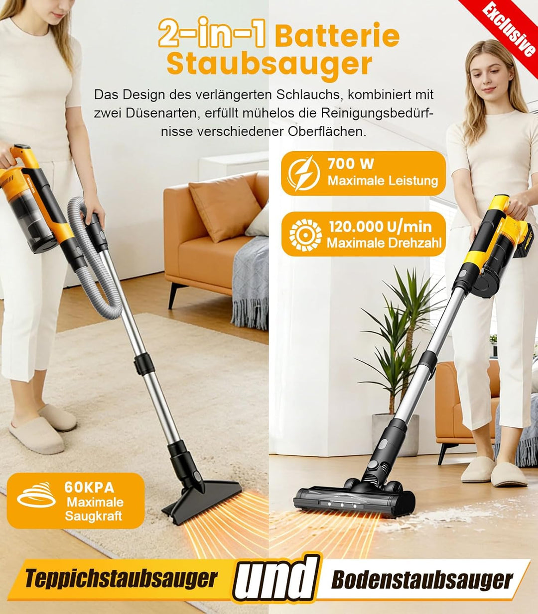 qimedo 8000mAh Akku Staubsauger mit 2 Akkus, 700W Saugkraft, 90 inch Verlängerungsrohr und 2L Staubb