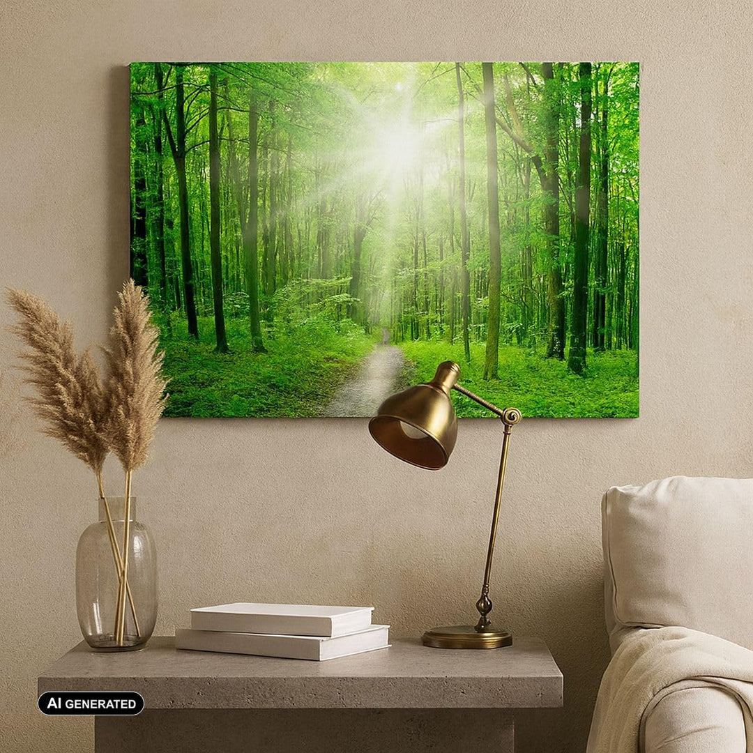 Bilder auf Leinwand 100x70cm Leinwandbild Sonnenstrahlen Wald Sommer Gross Wanddeko Bild Schlafzimme