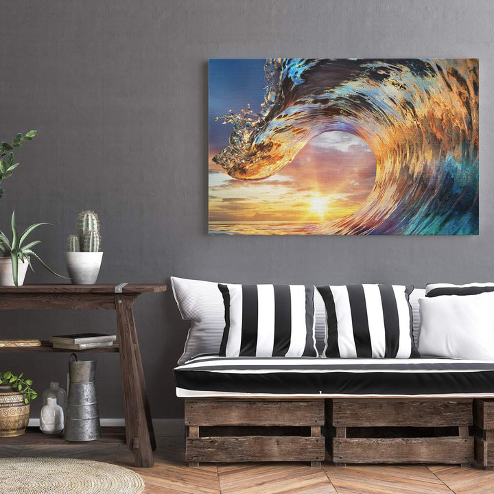 PICANOVA – Bild auf Leinwand Wellen-Sonnenuntergang 100x75cm – Leinwandbild – Premium Leinwanddruck