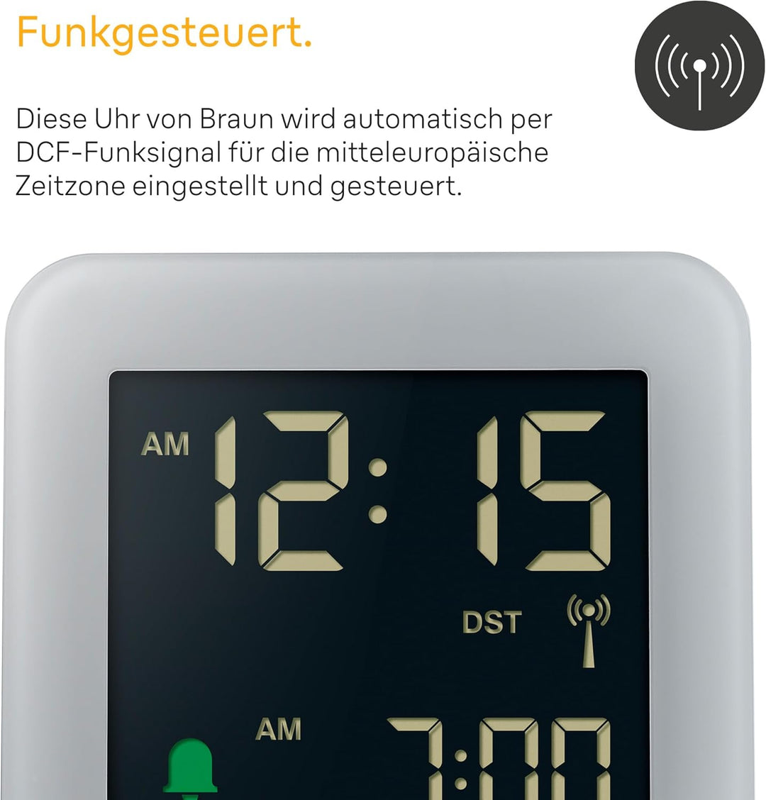 Braun Digitaler Funkwecker für die mitteleuropäische Zeitzone (DCF) mit Schlummerfunktion, LCD-Displ