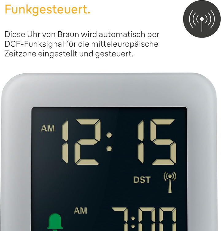 Braun Digitaler Funkwecker für die mitteleuropäische Zeitzone (DCF) mit Schlummerfunktion, LCD-Displ