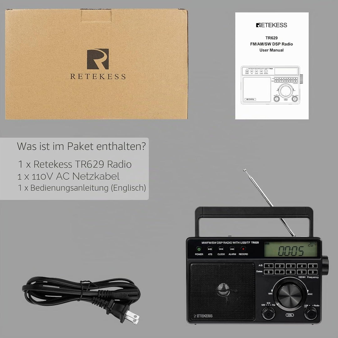 Retekess TR629 Tragbares Radio,Weltempfänger Radio mit Lautsprecher,FM AM SW LW,AC Kabel oder Batter