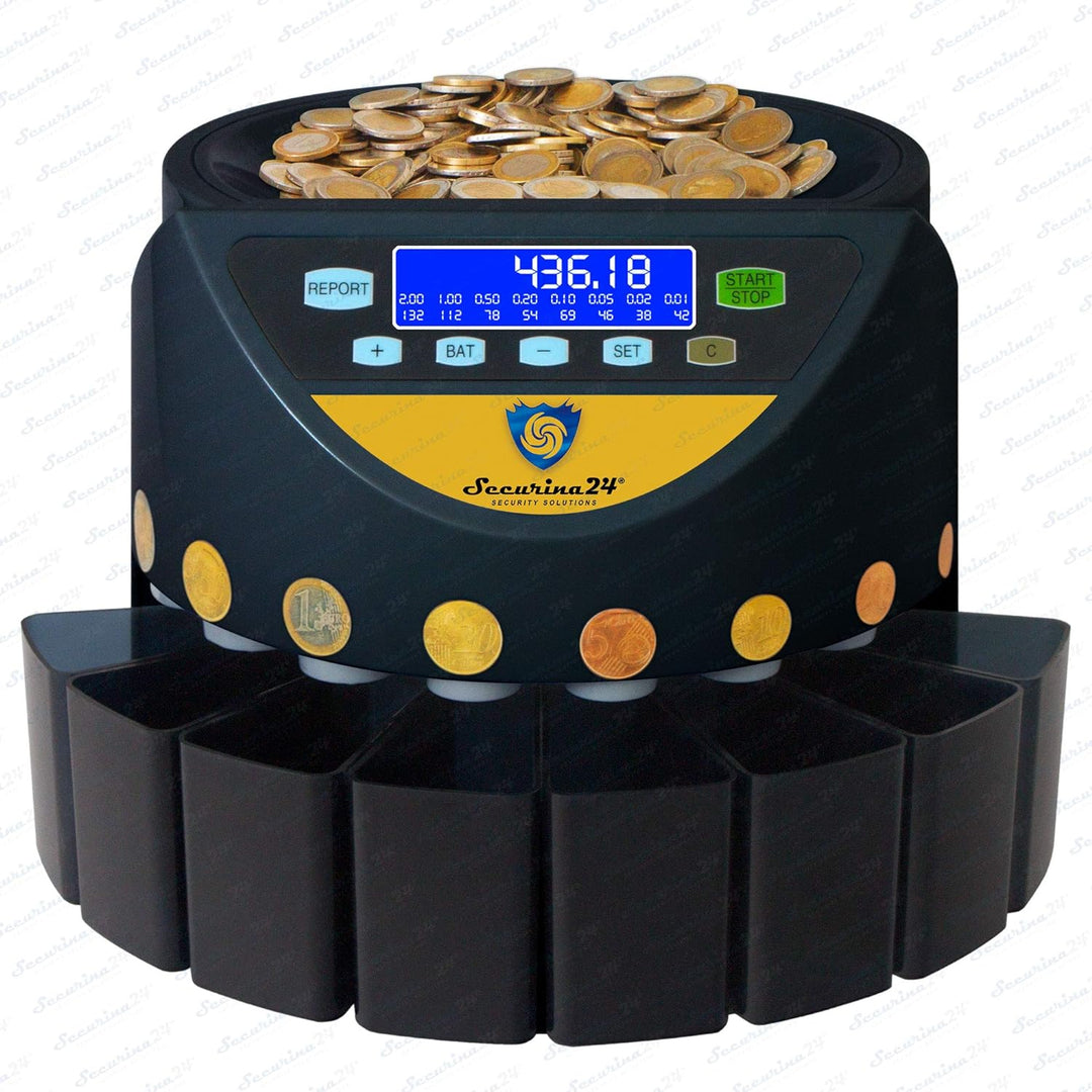 Münzzähler Geldzählmaschine Euro Münzen SR1200LC mit Abhülsung von Securina24 (schwarz - Goldlabel -