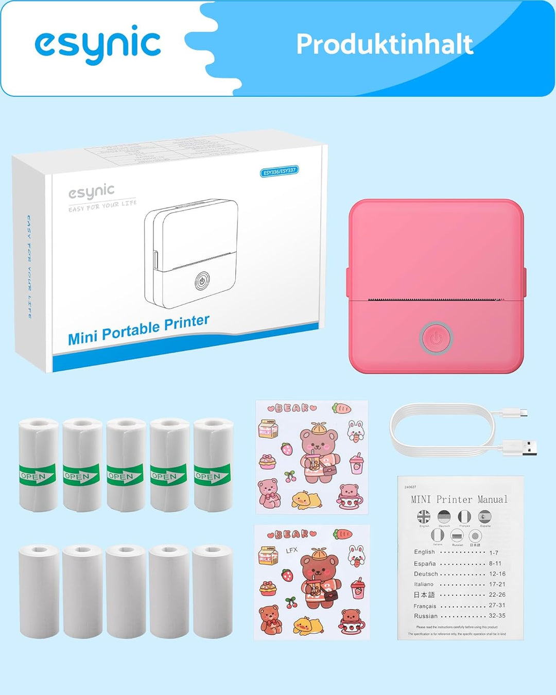 eSynic Mini Drucker – 200 DPI Thermodrucker Bluetooth Drucker für Smartphone, Kompakt und Tragbar, K