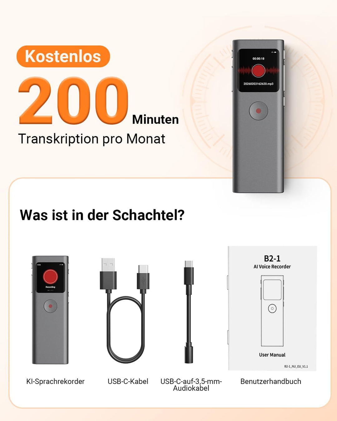 KI Digitales Diktiergerät, Transkribieren und Zusammenfassen, Sprachaktivierte Aufnahme mit Playback