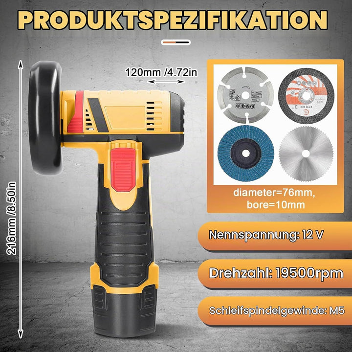 Mini Winkelschleifer, Akku Flex, Winkelschleifer Set 12V mit 2 Batterien 2000mAh, 19500rpm Trennschl