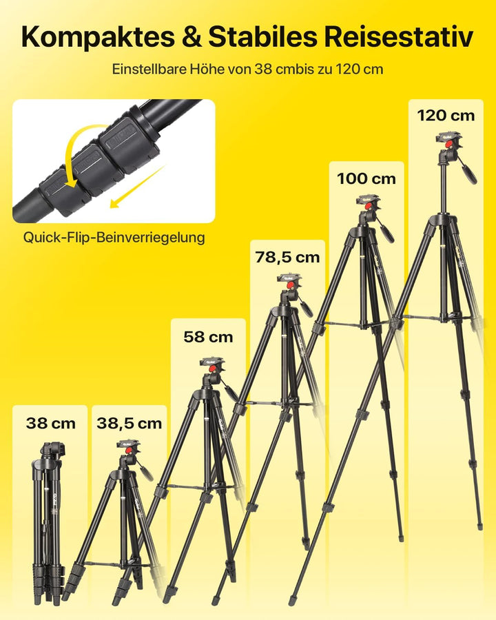 Rollei Compact Traveler Star S1 Stativ, 120cm Kompaktes Kamerastativ aus Aluminium Leichtes Videosta