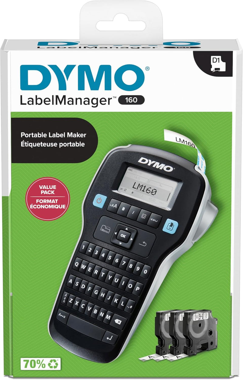 DYMO LabelManager 160 Label Maker Starter Kit, Monochrom | Handetikettiermaschine | mit 3 Rollen D1