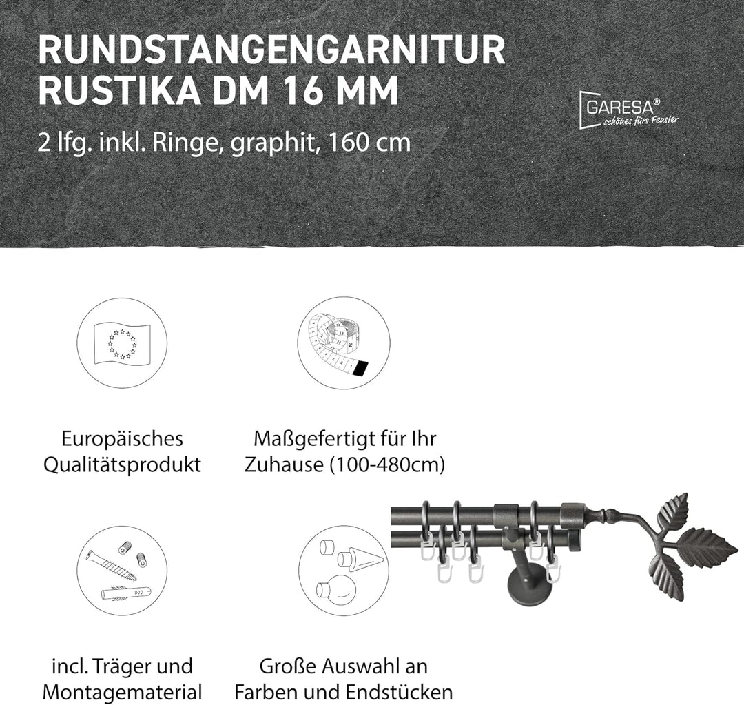 Garesa Gardinenstange Rustika Ø 16mm, 2-läufig, Graphite I Rustikale Vorhangstange aus Metall inkl.