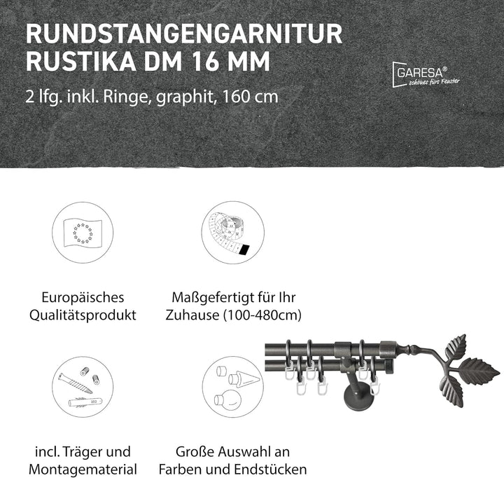 Garesa Gardinenstange Rustika Ø 16mm, 2-läufig, Graphite I Rustikale Vorhangstange aus Metall inkl.