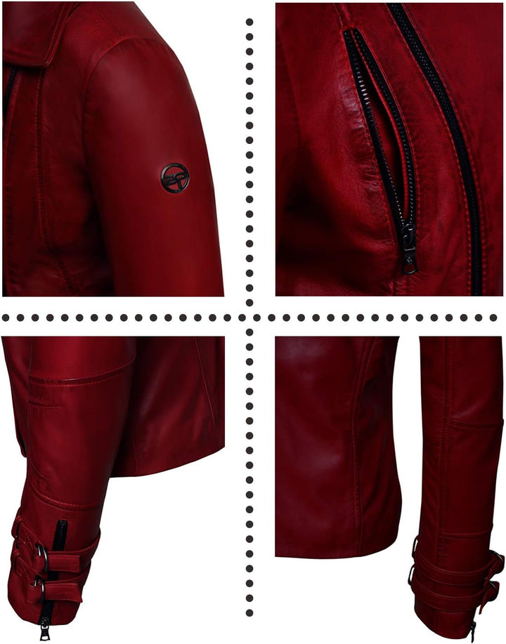 Bluepiel Poula Damen Lederjacke - Modernen Biker-Look - Echt Leder Jacke Rot Tailliert mit Reverskra