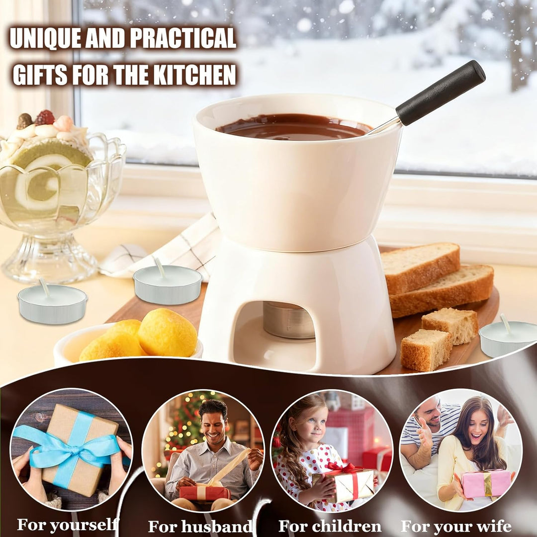 Schokofondue Tasse, 300ml Schokoladen Fondue Becher Set, Keramik Schokoladenfondue Tassen mit 4 Gabe
