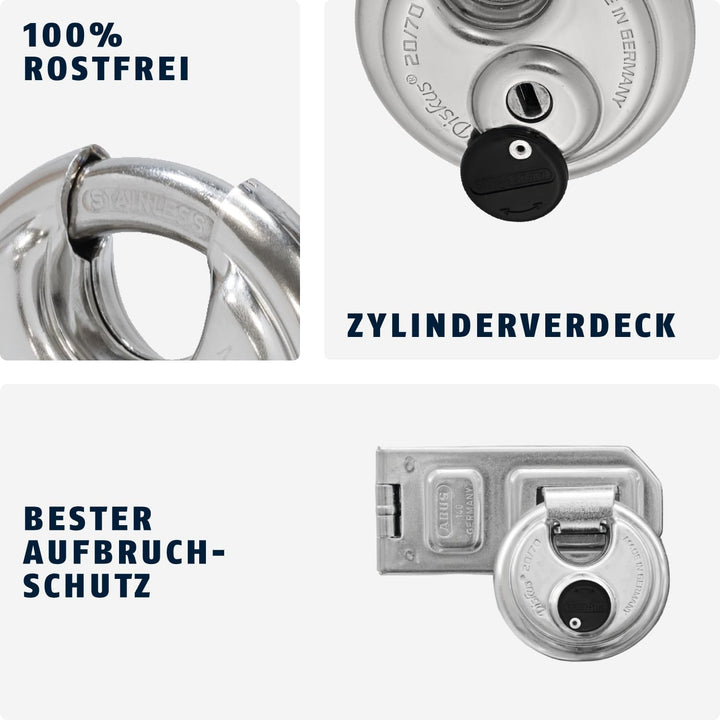 ABUS Diskus Vorhängeschloss 20/70 - wetterfest für den Garten - mit Diskus-Schweisstechnologie für b