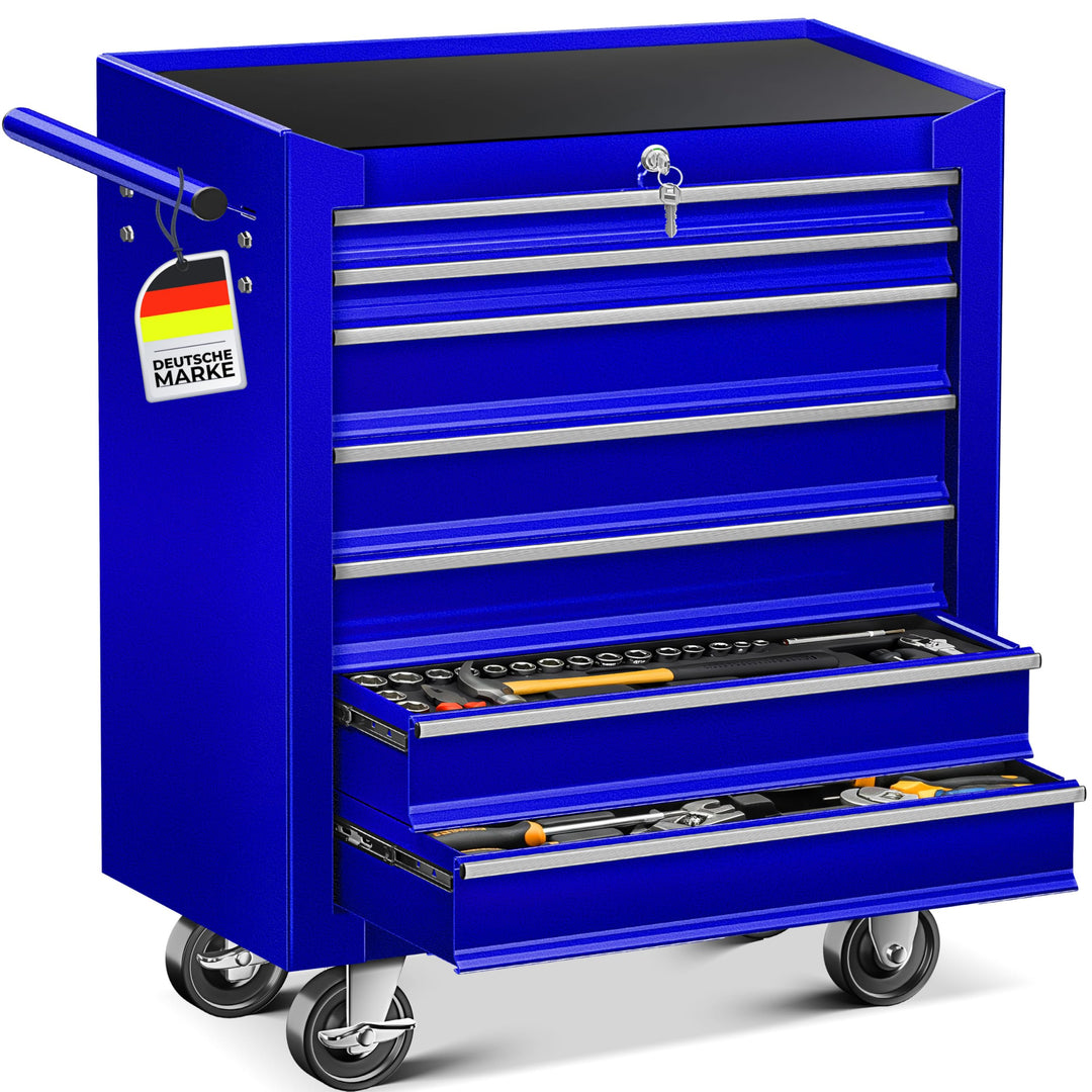 MASKO® Werkstattwagen - 7 Schubladen, blau ? Abschliessbar ? Massives Metall | Werkzeug-Wagen | Prof