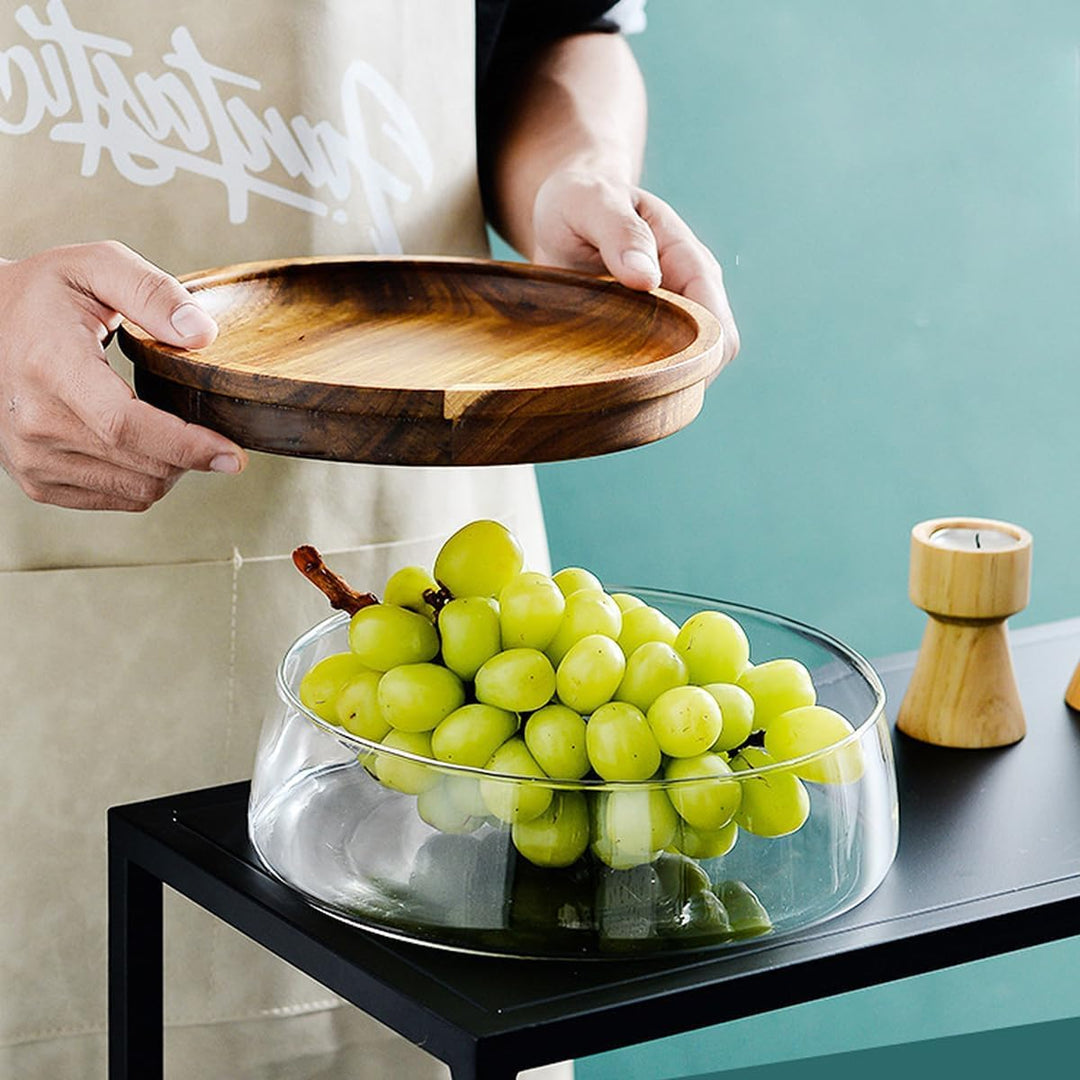Obstschale, Glasschale mit Holzdeckel, stilvoller Obstkorb aus Glas, doppelt verglaste Schale für Tr