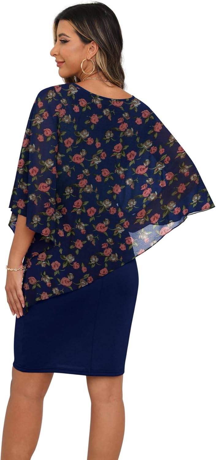 QIXING Damen Chiffon Cape Cocktialkleid Rundhals Ausschnitt Bleistiftkleid Sommerkleid Damen Knielan
