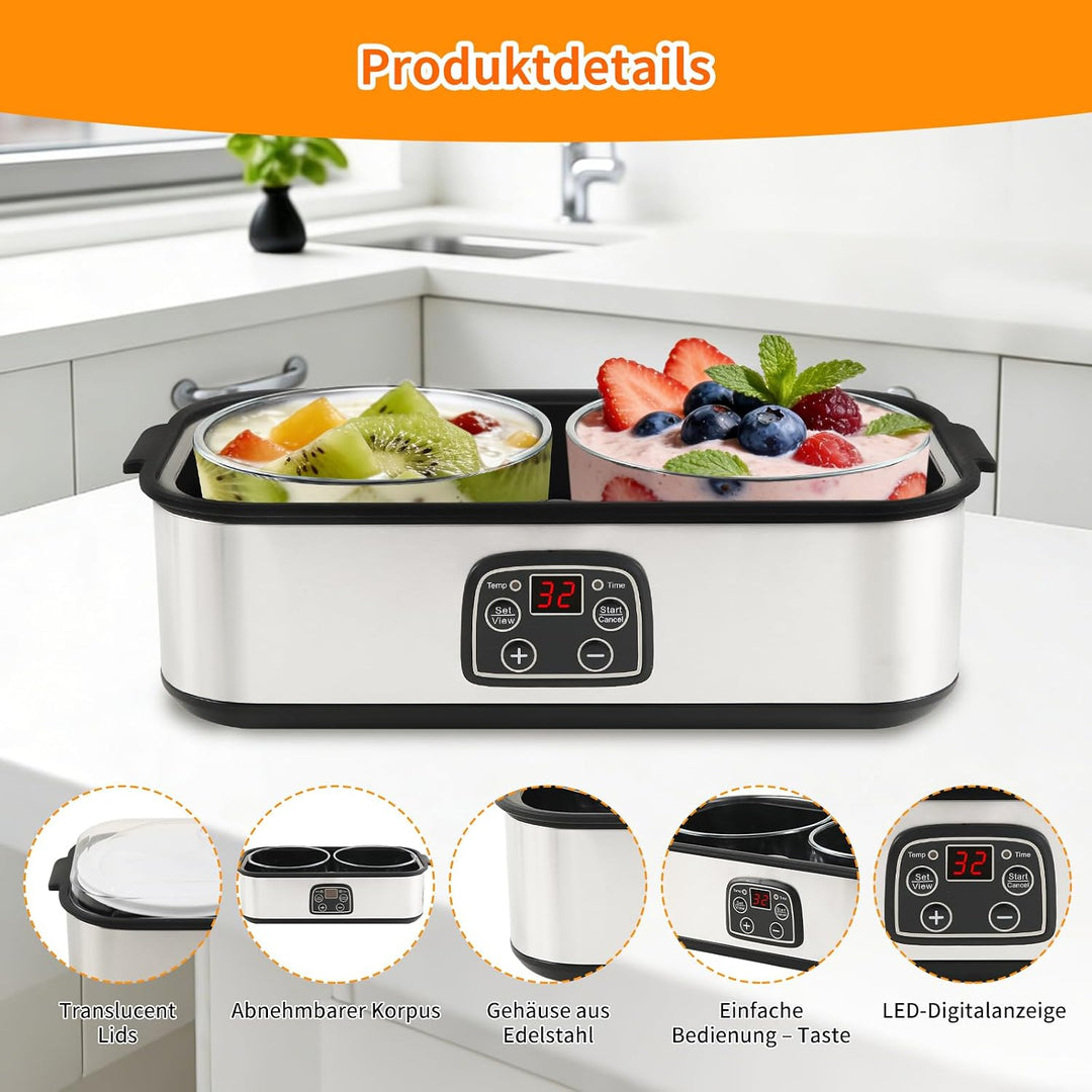 Joghurtbereiter, 2000 ml Automatischer Joghurtmaschine mit 2 Gläsern, Joghurt Maker mit Temperaturre