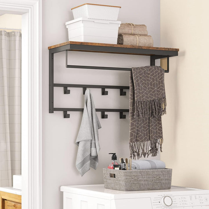 HOOBRO Wandgarderobe mit Ablage, Wandregal mit 10 Haken und Stangen, Wandmontiertes Hängeregal, 80 x