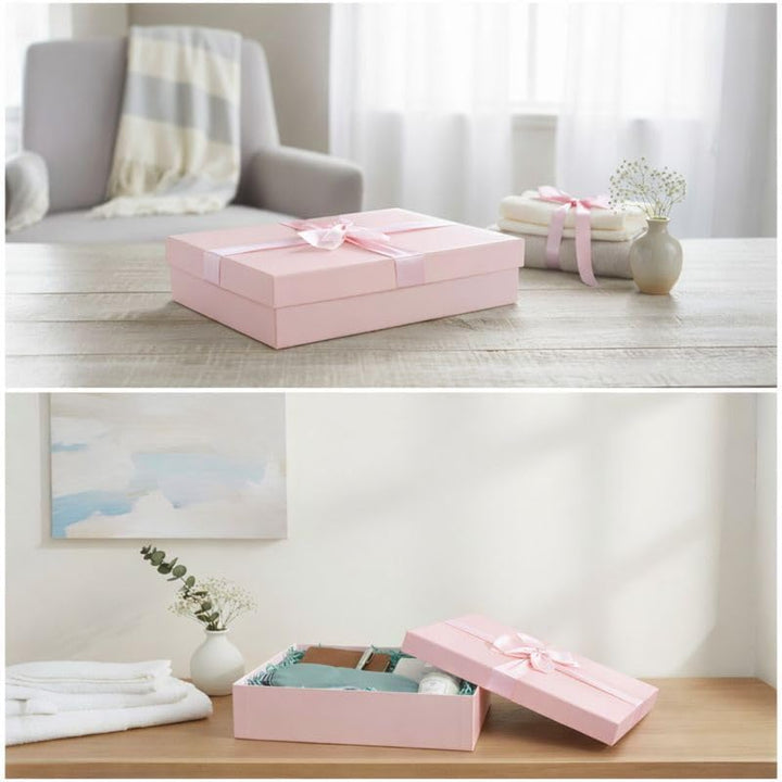 Emartbuy 3er Set starre Geschenkboxen, Babyrosa Box mit Deckel, innen braun und Satinband, 3er-Set –