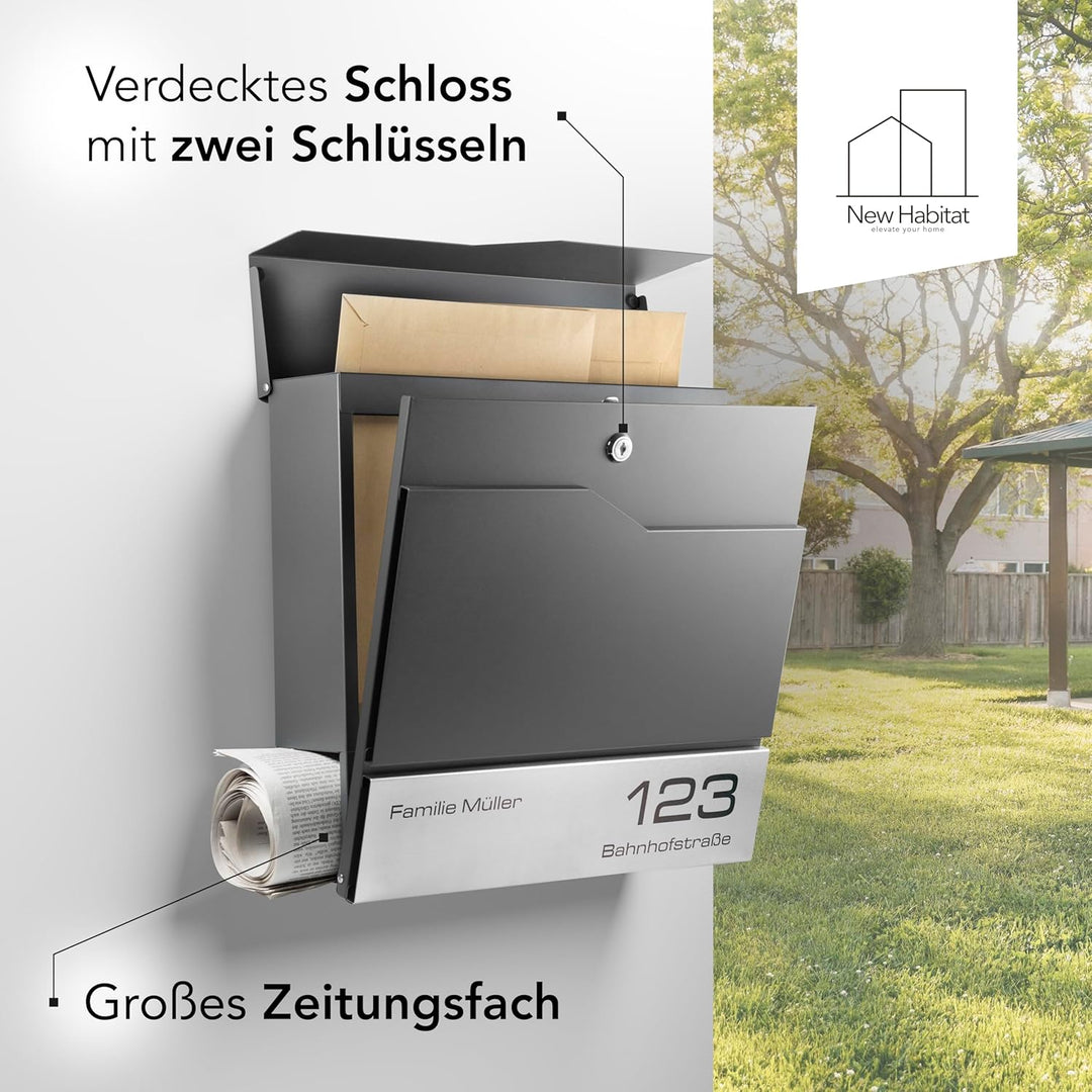 Moderner Briefkasten Personalisierbar Tokio Anthrazit RAL7016 - mit Zeitungsfach - Wandbriefkasten m
