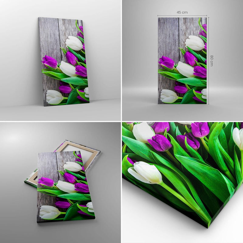 Bilder auf Leinwand Tulpen Holz Blumenstrauss Blumen Leinwandbild mit Rahmen 45x80cm Wandbilder Deko