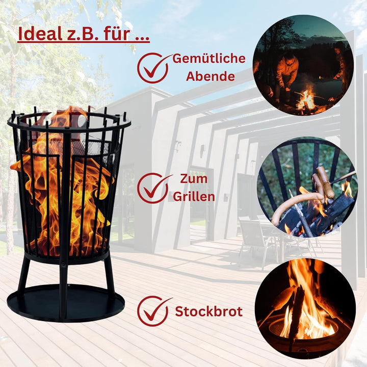 Robuster Feuerkorb Feuerstelle Eisen 61x40 cm Feuerschale mit Funkenschutz und Bodenplatte & HLKauf-