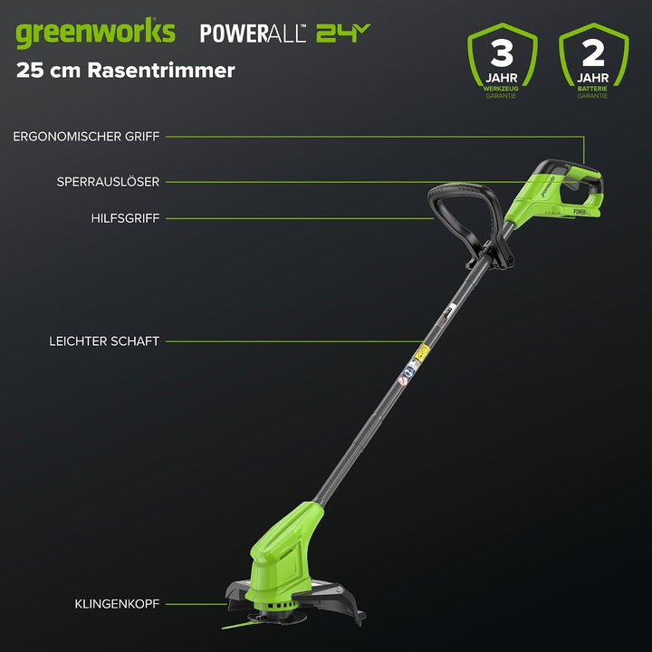 Greenworks 24V Akku-Rasenmäher Li-Ion 24V, 33 cm Schnittbreite, bis 280 m², kabelloser Rasentrimmer