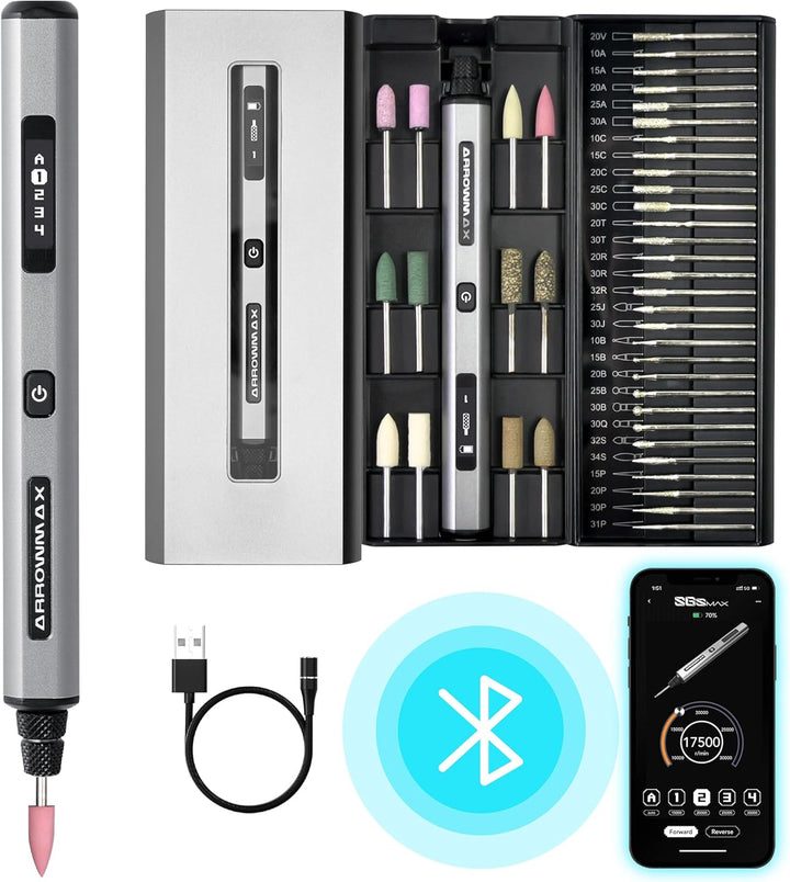 Elektrischer Mini-Gravierstift von ARROWMAX, HollowCup-Motor, 42 Bits mit Aluminiumgehäuse, OLED, ma