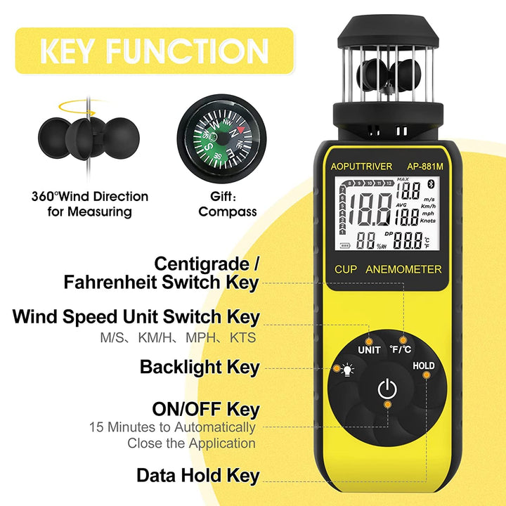 Digitaler Anemometer Handheld AP-881M Windmesser Anemometer mit 360°Windrichtung Wind Cup Anemometer
