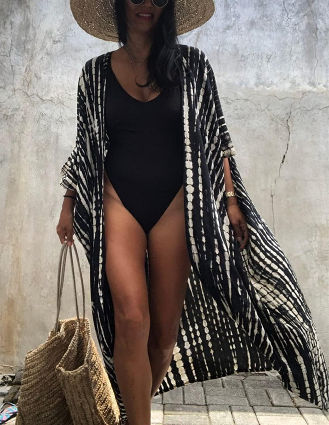 Damen Boho Strandkleid Badeanzug Bedecken Pareos Kimono Cardigan Maxikleid mit Gürtel Bluse Bikini C