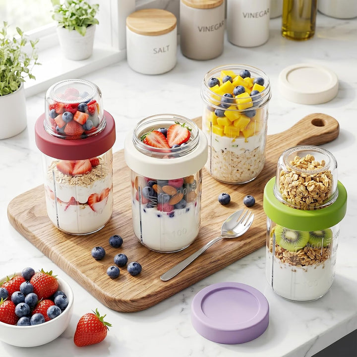 4er Set Müslibecher To Go, 621ml Joghurtbecher To Go mit Löffel, 16 oz+5 oz Overnight Oats Gläser, 2