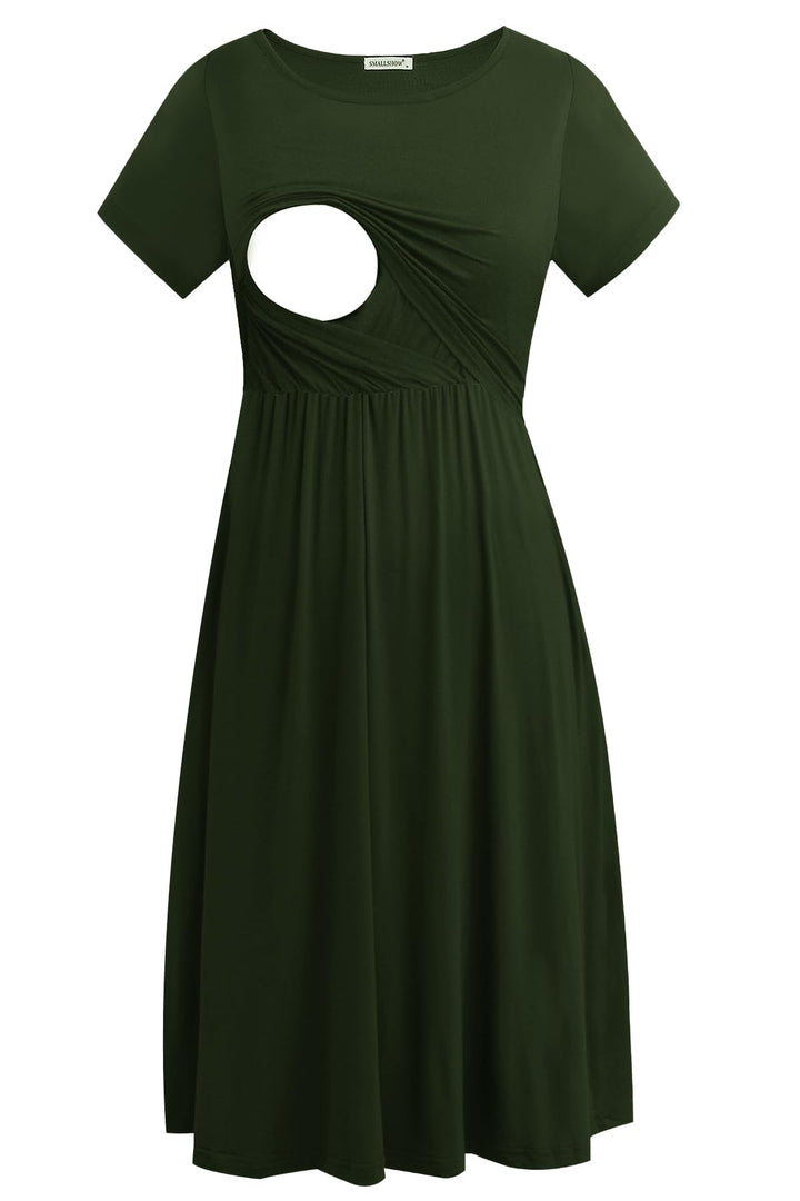 Smallshow Damen Lässiges Kurzarm Stillkleid Umstandskleid für Stillen Armeegrün(solide) M, Armeegrün