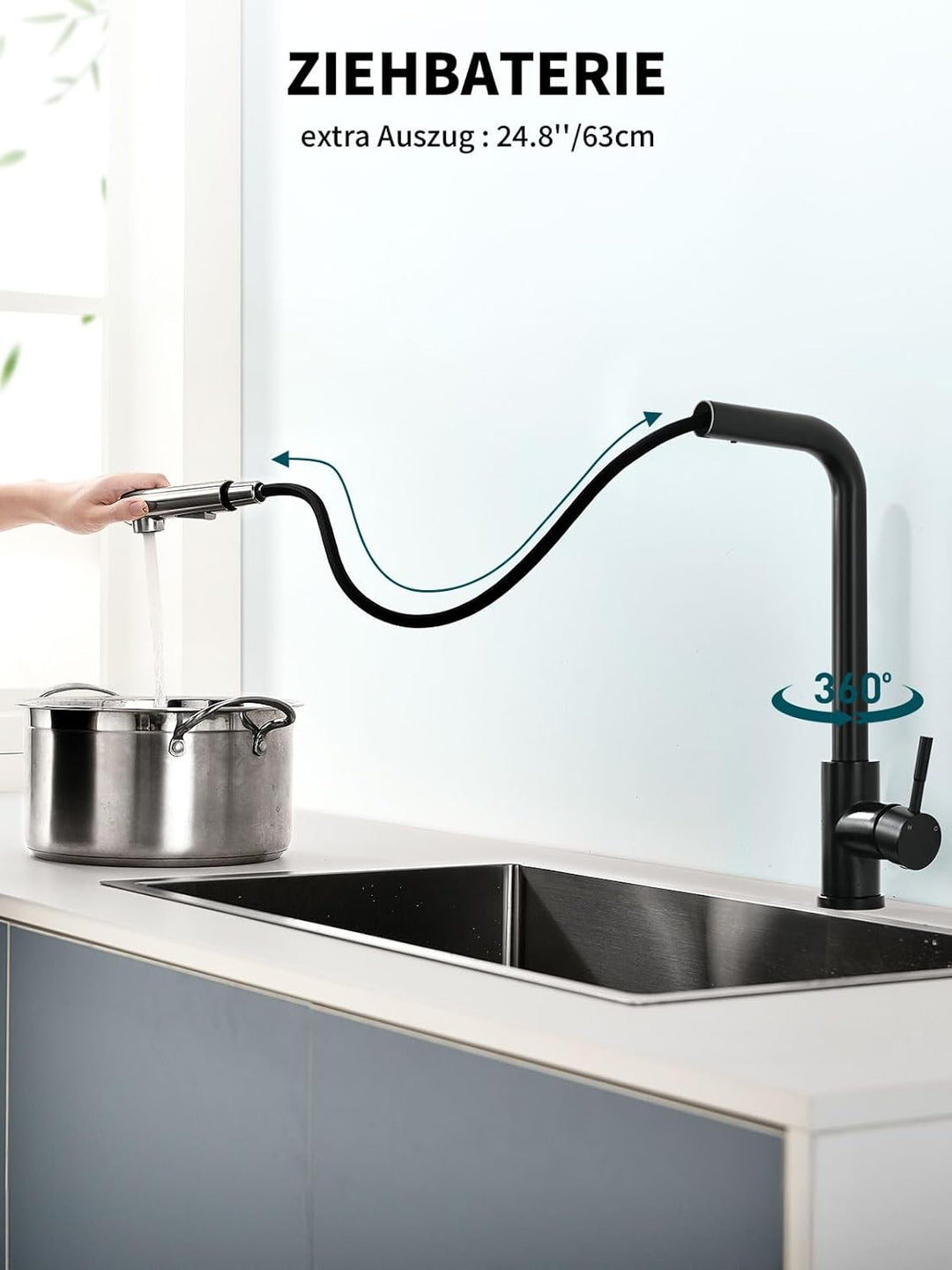 Wasserhahn Küche, Ausziehbare Küchenarmatur mit Sprühbrause aus Edelstahl und 2 Sprühfunktionen, 360