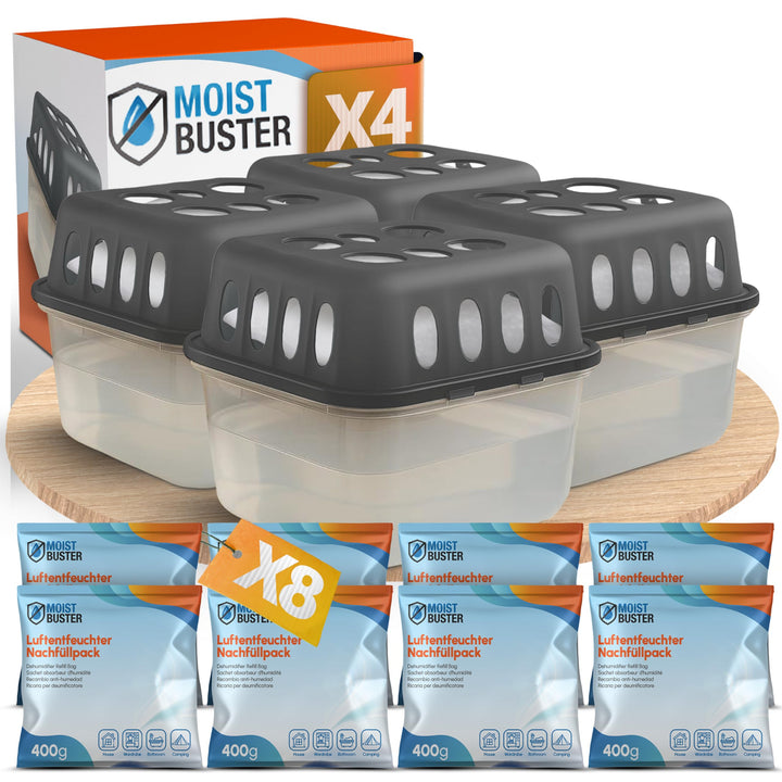 4x Luftentfeuchter ohne Strom + 8x 400g Luftentfeuchter Nachfüllpack - Raumentfeuchter bis 40m² für