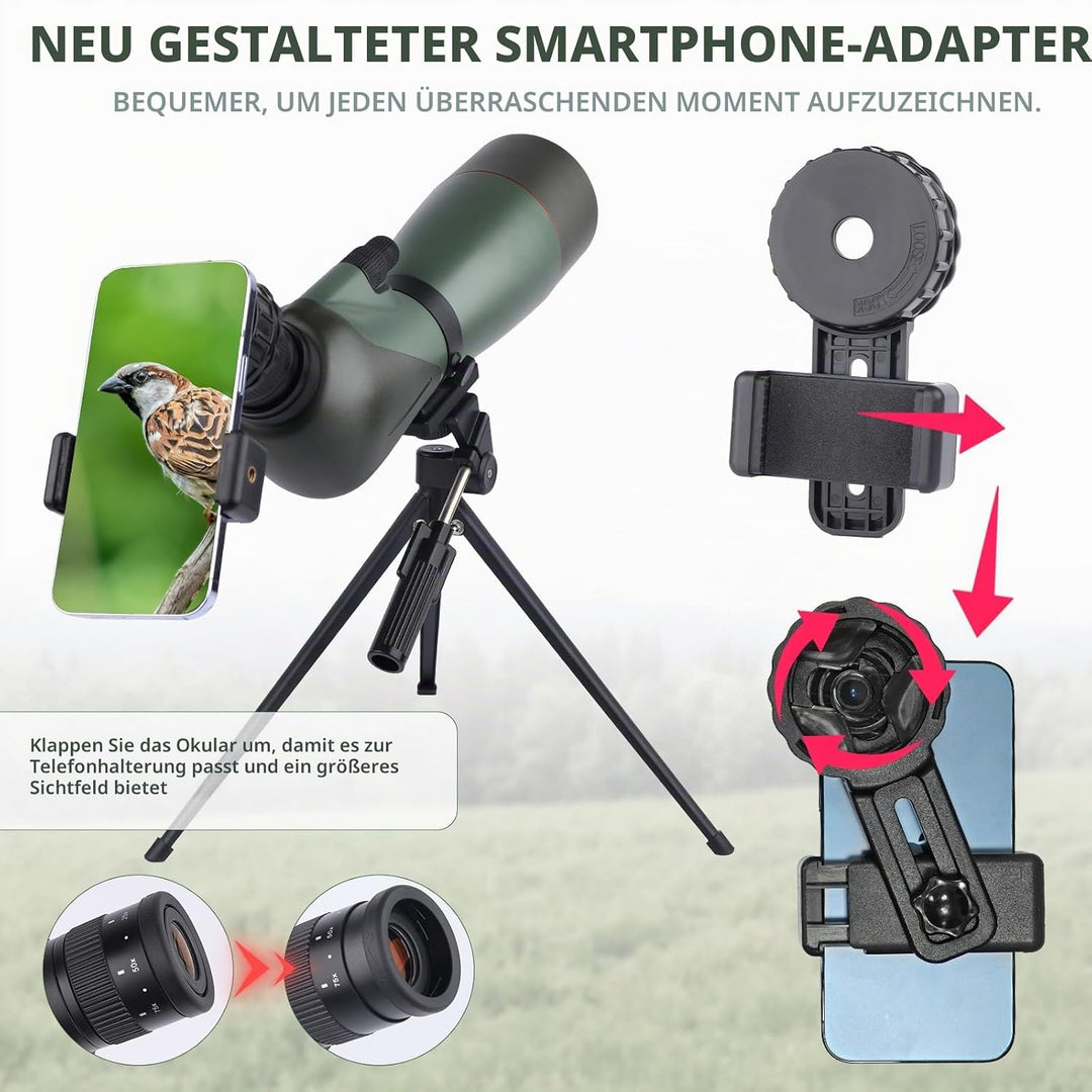 25-75x70 HD Spektiv Sportschützen mit Stativ- und Smartphone-Adapter, Zoom Bak4 Prism FMC Lens 45-Gr