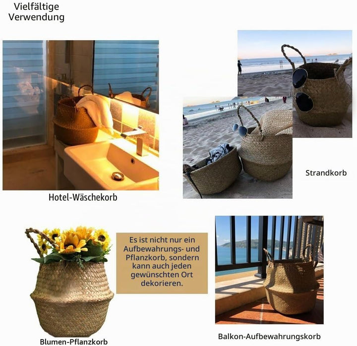 GOODCHANCEUK 3er Set Wäschekorb Faltbar Seegras Blumenkorb Handgewebt Blumen Stroh Korb für Pflanze